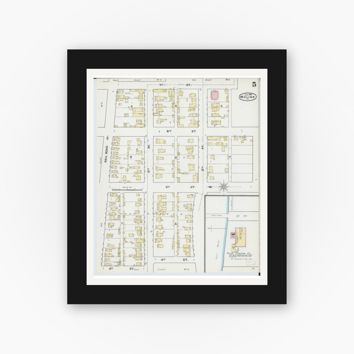 Old map wall art mockup — black gallery frame with white mat — Sanborn Fire Insurance Map from Moline, Rock Island County, Illinois (1892), Sheet #0005
