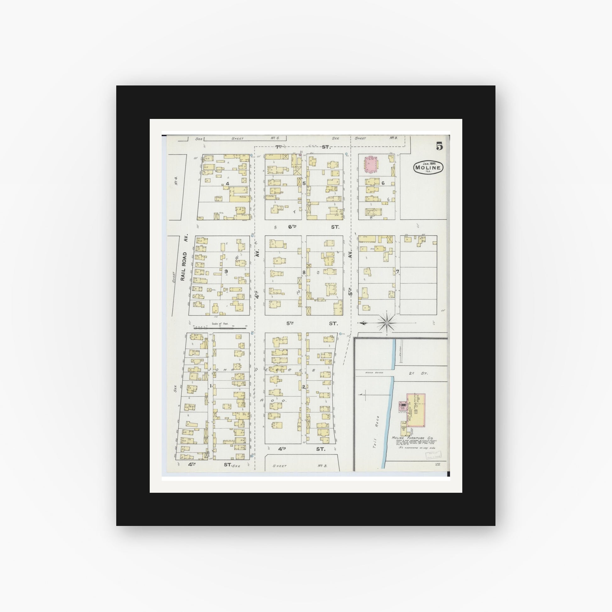 Old map wall art mockup — black gallery frame with white mat — Sanborn Fire Insurance Map from Moline, Rock Island County, Illinois (1892), Sheet #0005