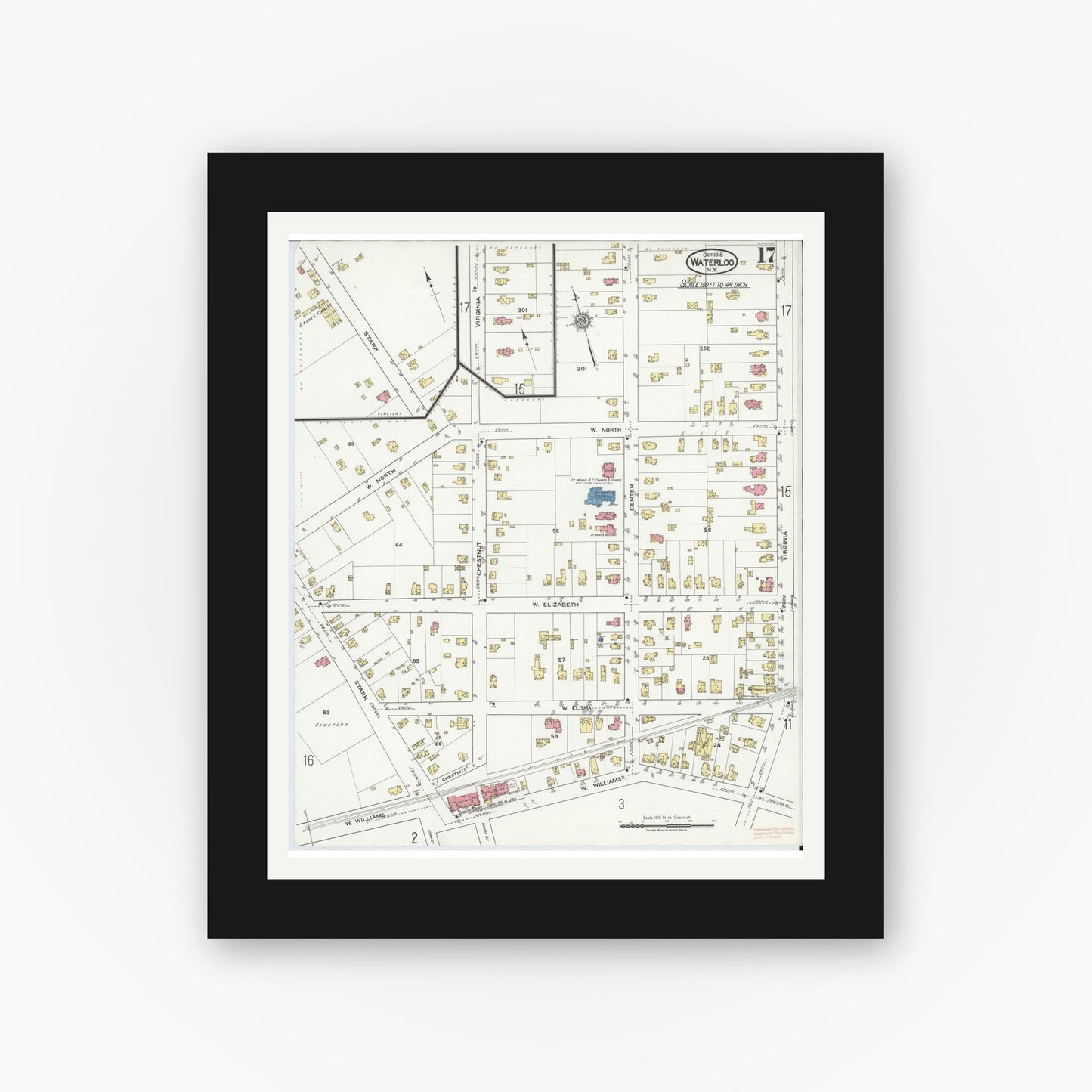 Old map wall art mockup — black gallery frame with white mat — Sanborn Fire Insurance Map from Waterloo, Seneca County, New York (1918), Sheet #0017