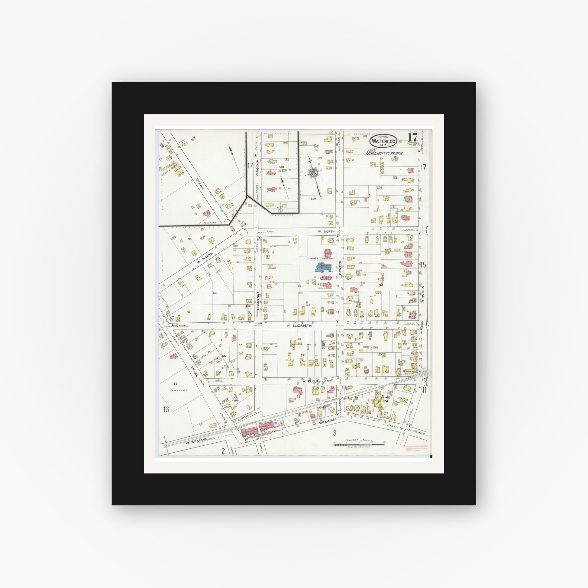Old map wall art mockup — black gallery frame with white mat — Sanborn Fire Insurance Map from Waterloo, Seneca County, New York (1918), Sheet #0017