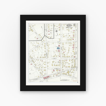 Old map wall art mockup — black gallery frame with white mat — Sanborn Fire Insurance Map from Waterloo, Seneca County, New York (1918), Sheet #0017