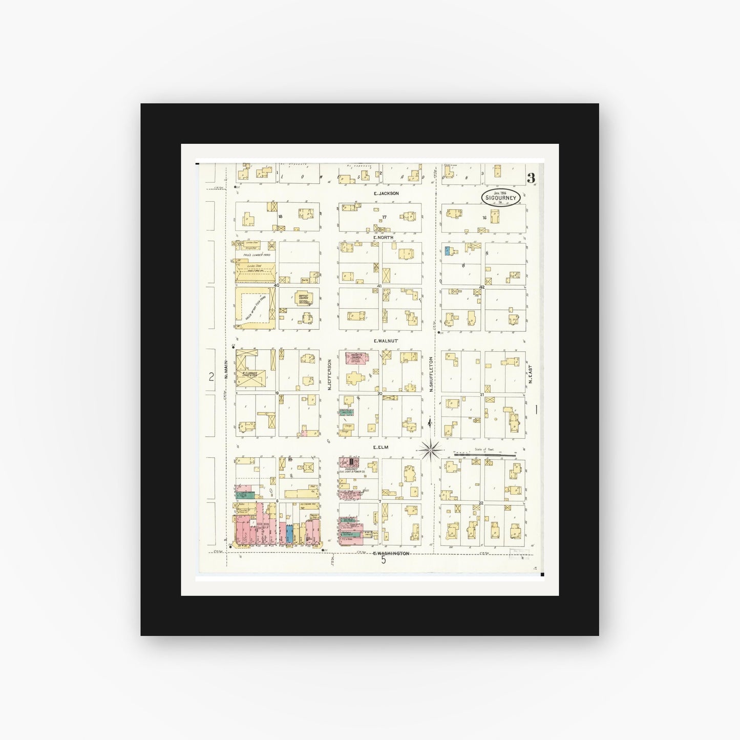 Old map wall art mockup — black gallery frame with white mat — Sanborn Fire Insurance Map from Sigourney, Kiokuk County, Iowa (1906), Sheet #0003