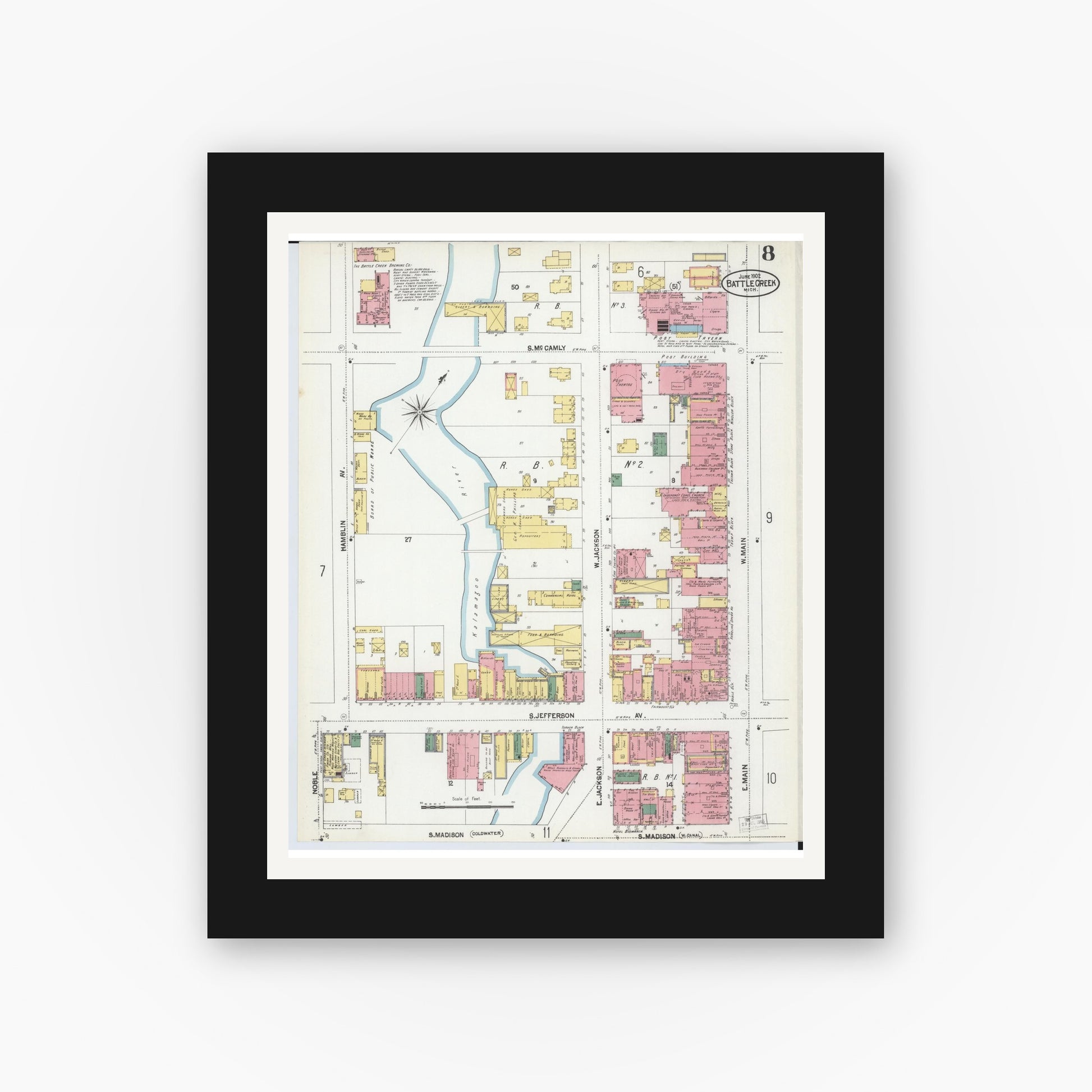 Old map wall art mockup — black gallery frame with white mat — Sanborn Fire Insurance Map from Battle Creek, Calhoun County, Michigan (1902), Sheet #0008