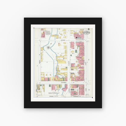 Old map wall art mockup — black gallery frame with white mat — Sanborn Fire Insurance Map from Battle Creek, Calhoun County, Michigan (1902), Sheet #0008
