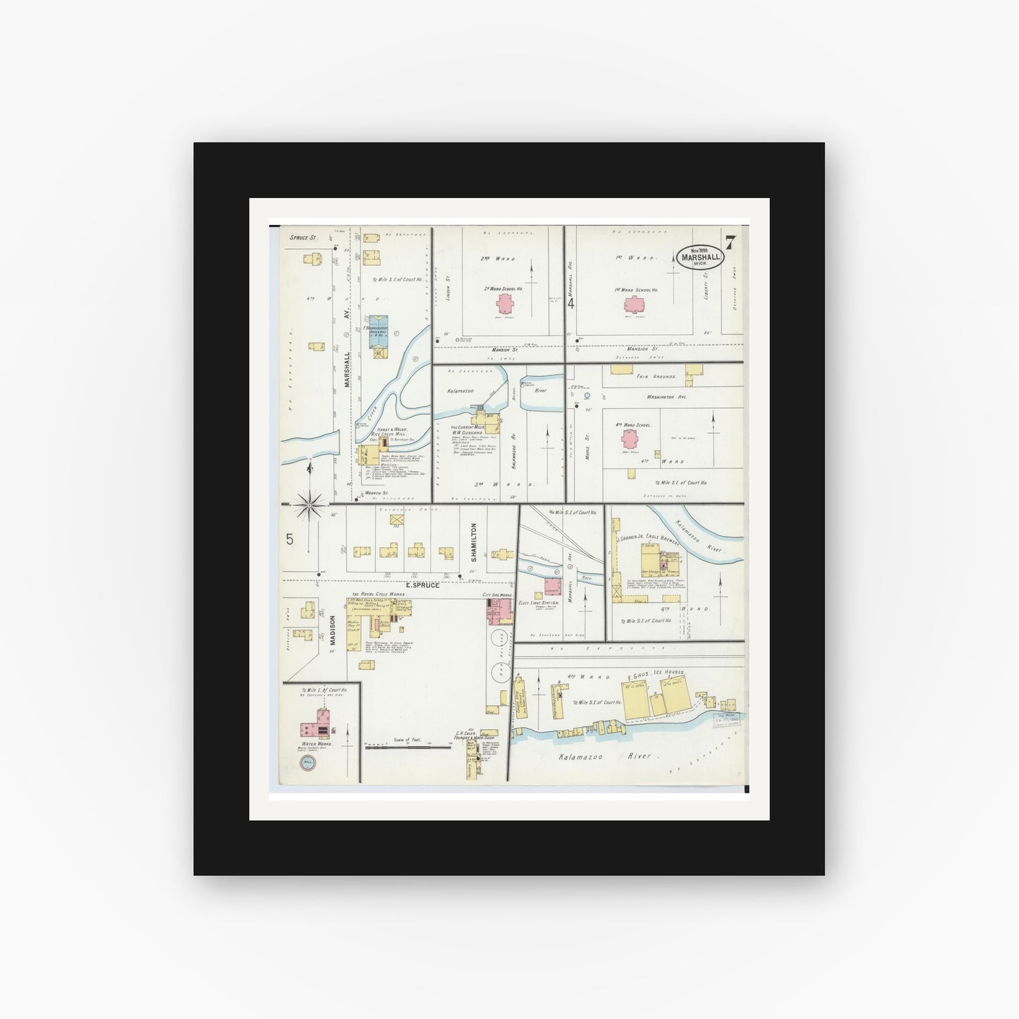 Old map wall art mockup — black gallery frame with white mat — Sanborn Fire Insurance Map from Marshall, Calhoun County, Michigan (1899), Sheet #0007