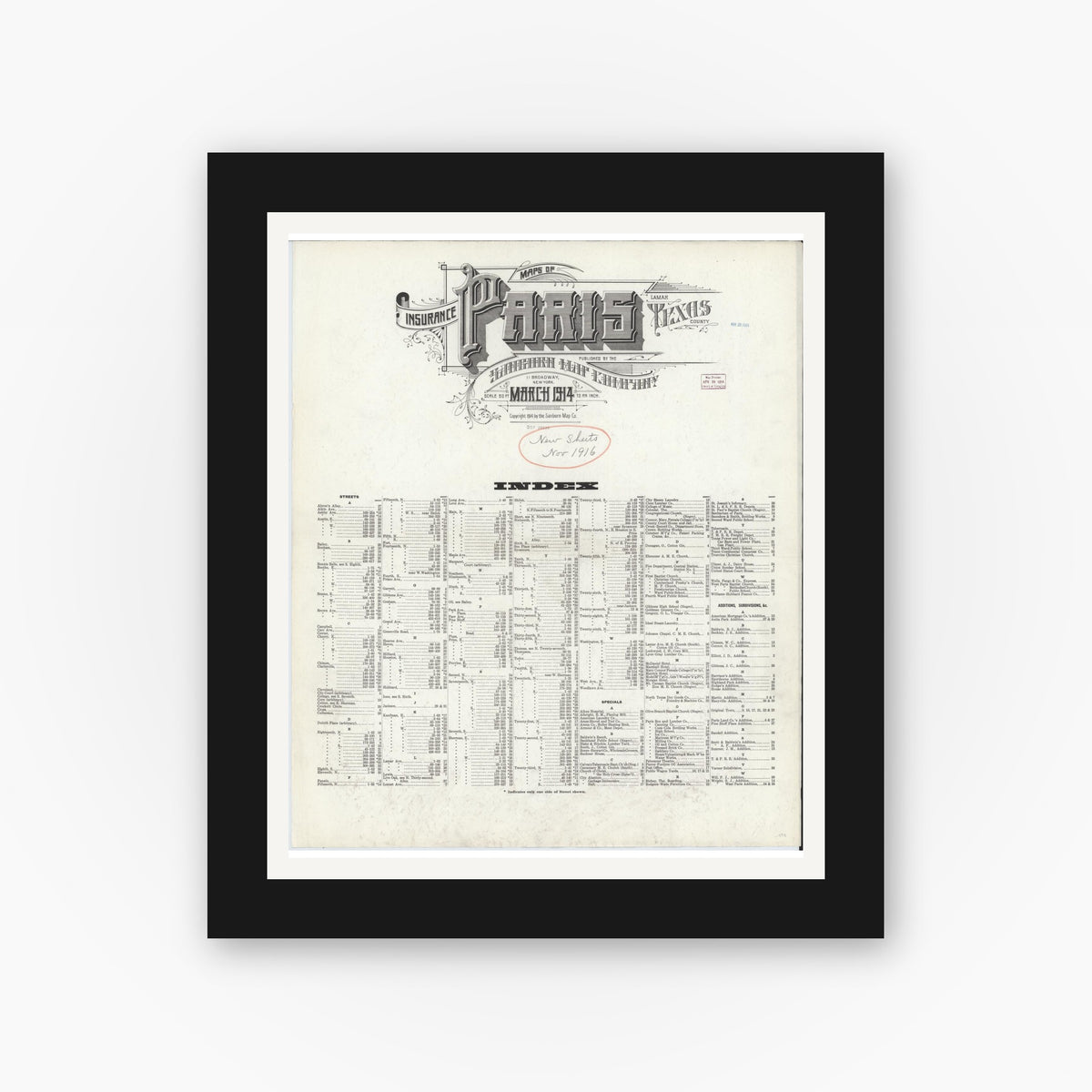 Old map wall art mockup — black gallery frame with white mat — Sanborn Fire Insurance Map from Paris, Lamar County, Texas (1914), Sheet #0001