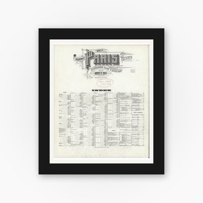 Old map wall art mockup — black gallery frame with white mat — Sanborn Fire Insurance Map from Paris, Lamar County, Texas (1914), Sheet #0001