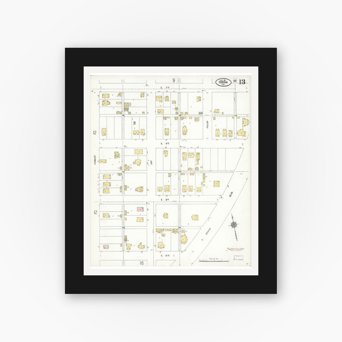 Old map wall art mockup — black gallery frame with white mat — Sanborn Fire Insurance Map from Corona, Riverside County, California (1911), Sheet #0013