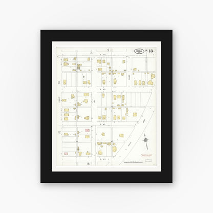 Old map wall art mockup — black gallery frame with white mat — Sanborn Fire Insurance Map from Corona, Riverside County, California (1911), Sheet #0013