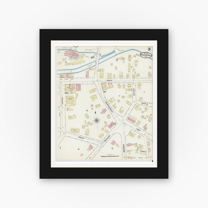 Old map wall art mockup — black gallery frame with white mat — Sanborn Fire Insurance Map from Chicopee Falls, Hampden County, Massachusetts (1891), Sheet #0003