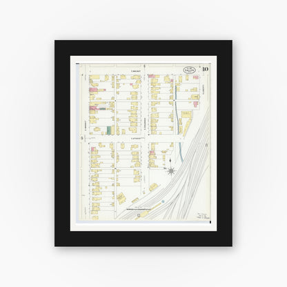 Old map wall art mockup — black gallery frame with white mat — Sanborn Fire Insurance Map from Galion, Crawford County, Ohio (1907), Sheet #0010