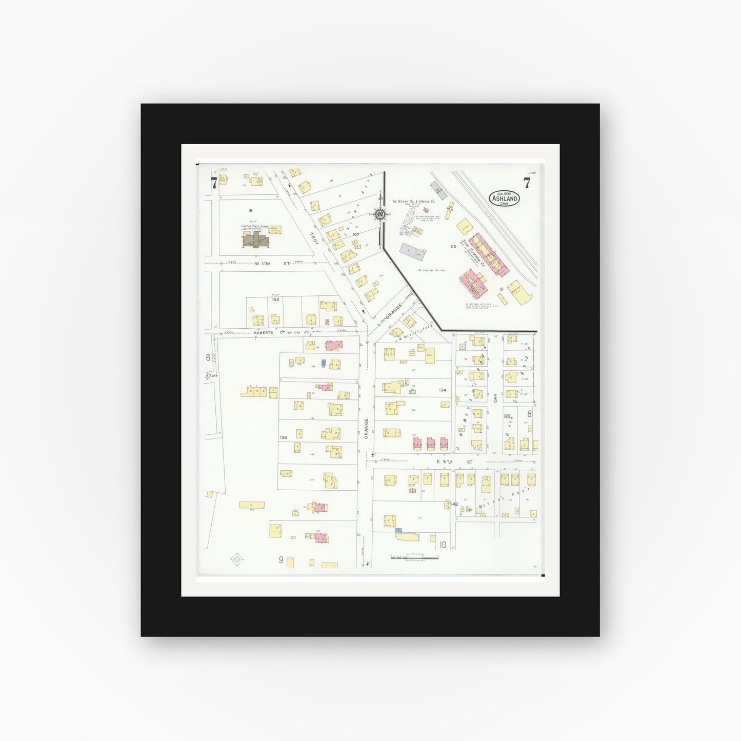 Old map wall art mockup — black gallery frame with white mat — Sanborn Fire Insurance Map from Ashland, Ashland County, Ohio (1930), Sheet #0007