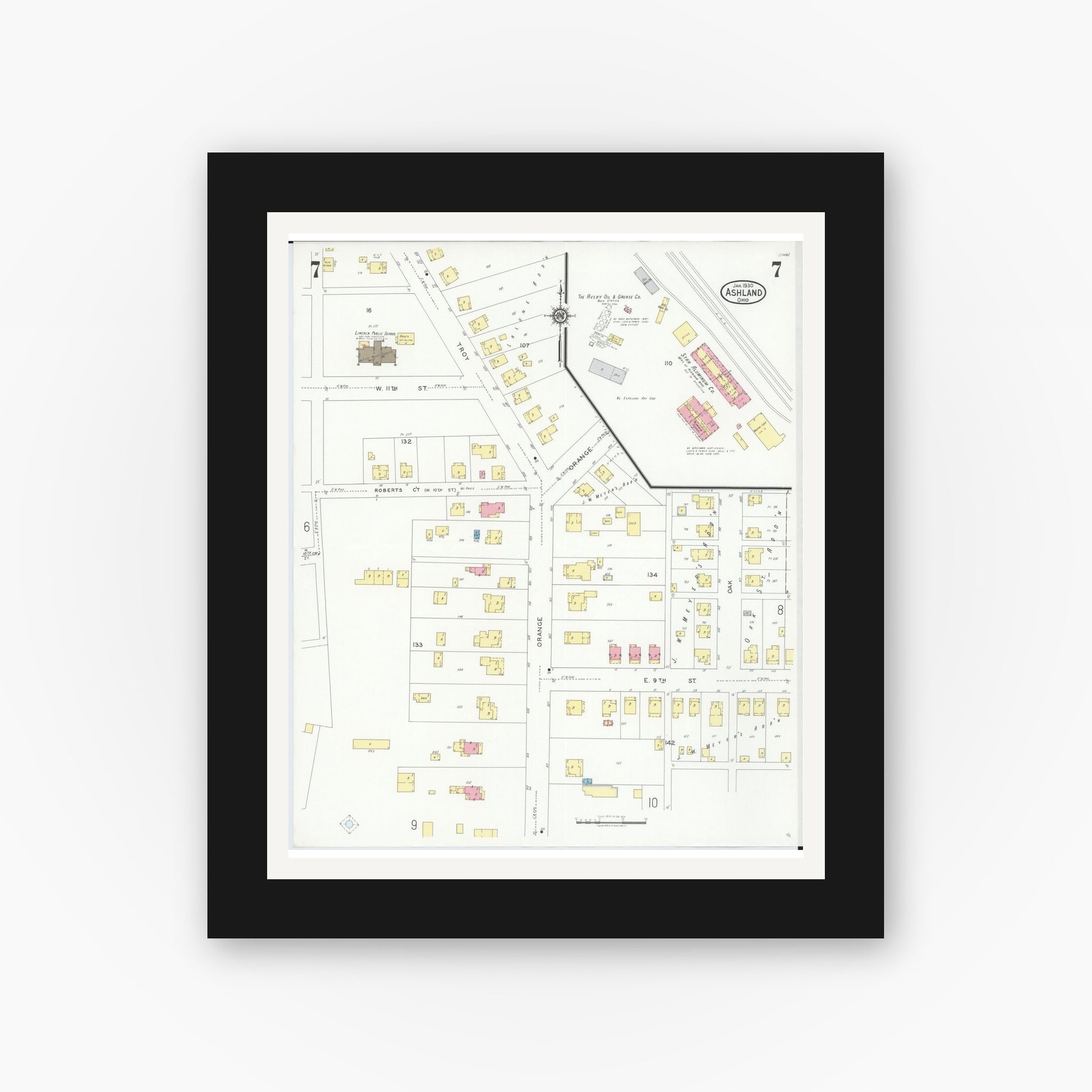 Old map wall art mockup — black gallery frame with white mat — Sanborn Fire Insurance Map from Ashland, Ashland County, Ohio (1930), Sheet #0007