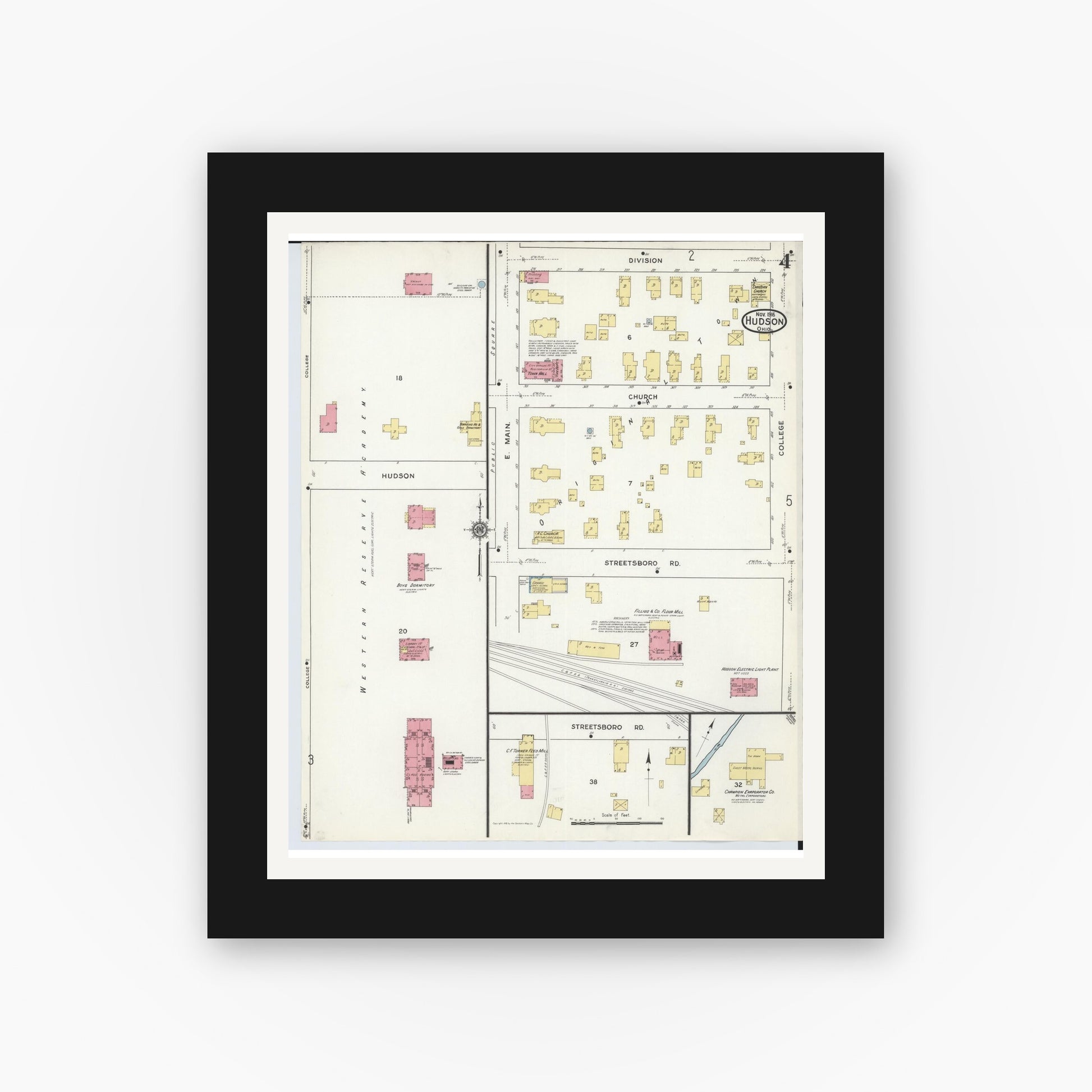 Old map wall art mockup — black gallery frame with white mat — Sanborn Fire Insurance Map from Hudson, Summit County, Ohio (1916), Sheet #0004