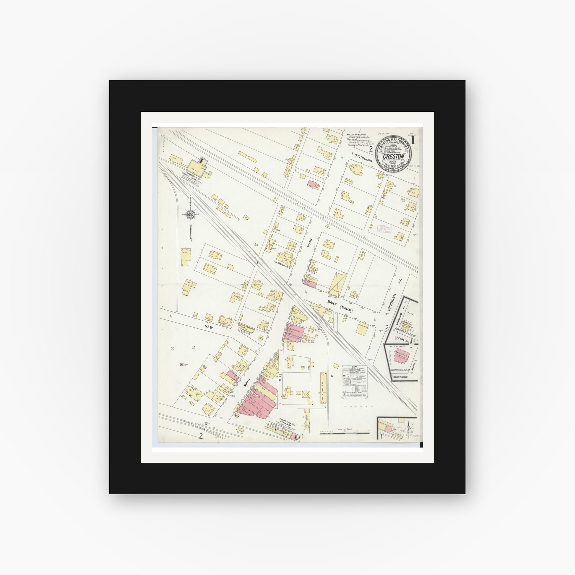 Old map wall art mockup — black gallery frame with white mat — Sanborn Fire Insurance Map from Creston, Wayne County, Ohio (1912), Sheet #0001
