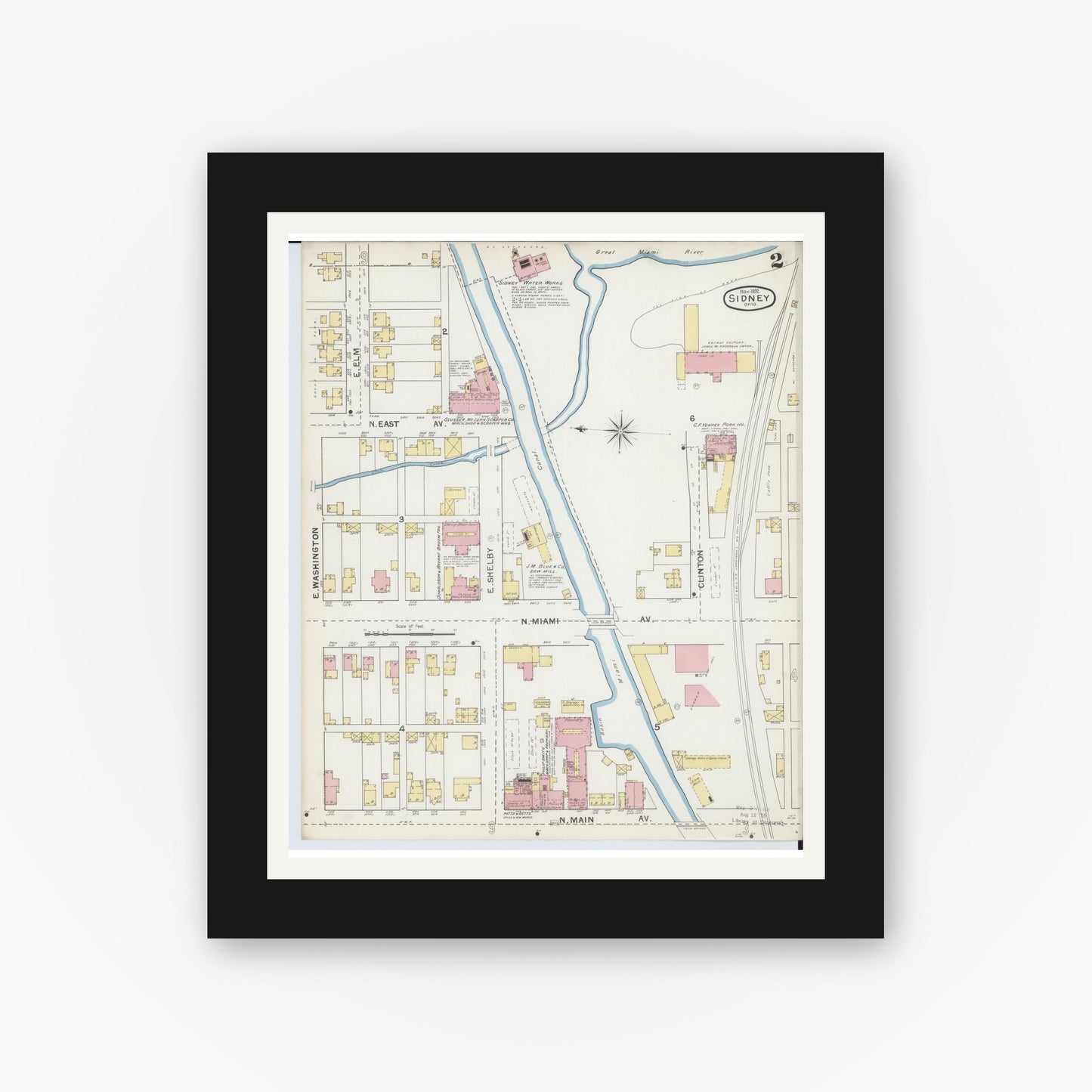 Old map wall art mockup — black gallery frame with white mat — Sanborn Fire Insurance Map from Sidney, Shelby County, Ohio (1892), Sheet #0002