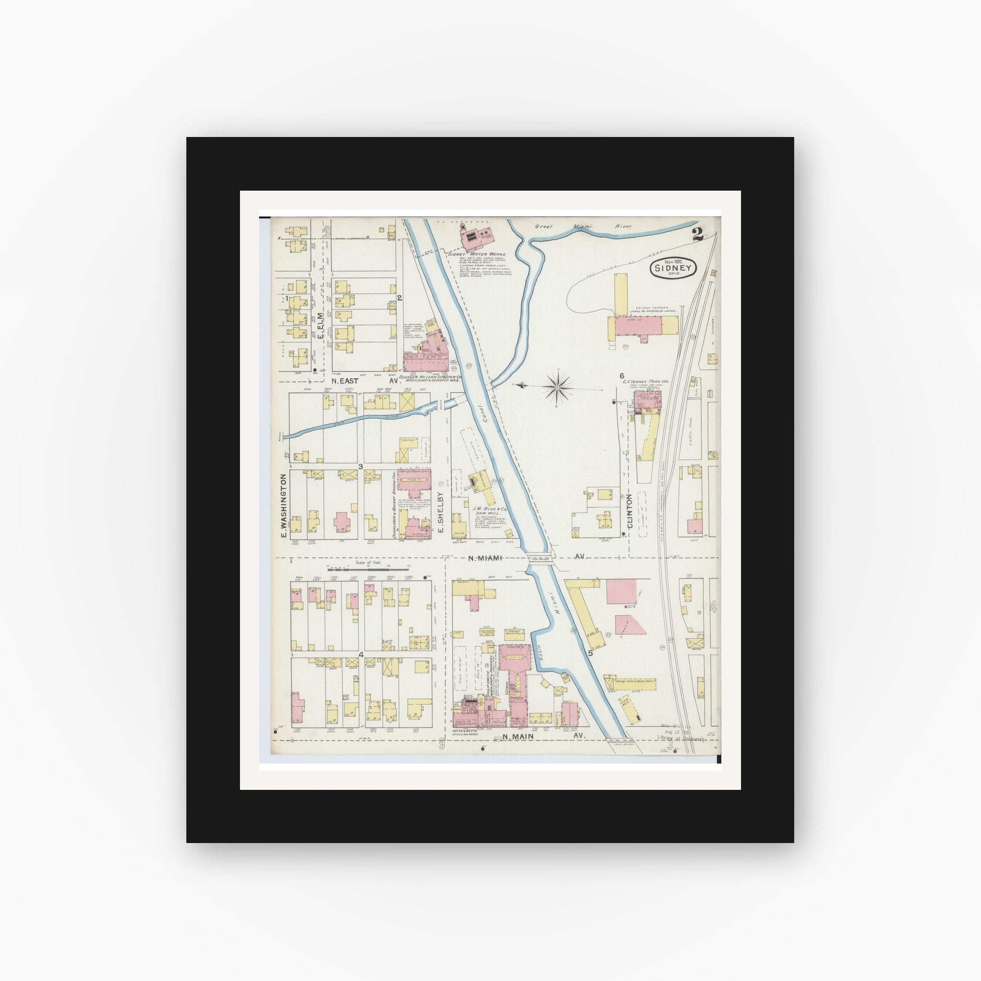 Old map wall art mockup — black gallery frame with white mat — Sanborn Fire Insurance Map from Sidney, Shelby County, Ohio (1892), Sheet #0002