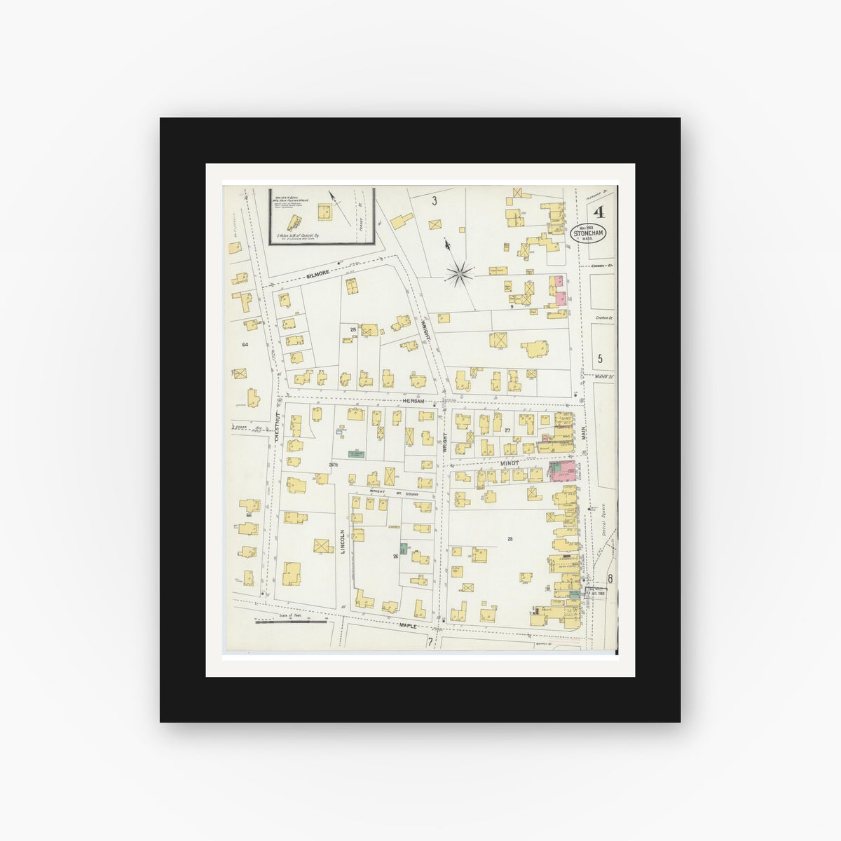 Old map wall art mockup — black gallery frame with white mat — Sanborn Fire Insurance Map from Stoneham, Middlesex County, Massachusetts (1903), Sheet #0004