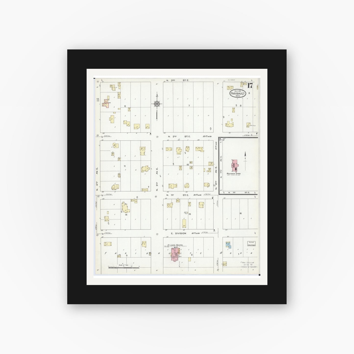 Old map wall art mockup — black gallery frame with white mat — Sanborn Fire Insurance Map from Faribault, Rice County, Minnesota (1914), Sheet #0017
