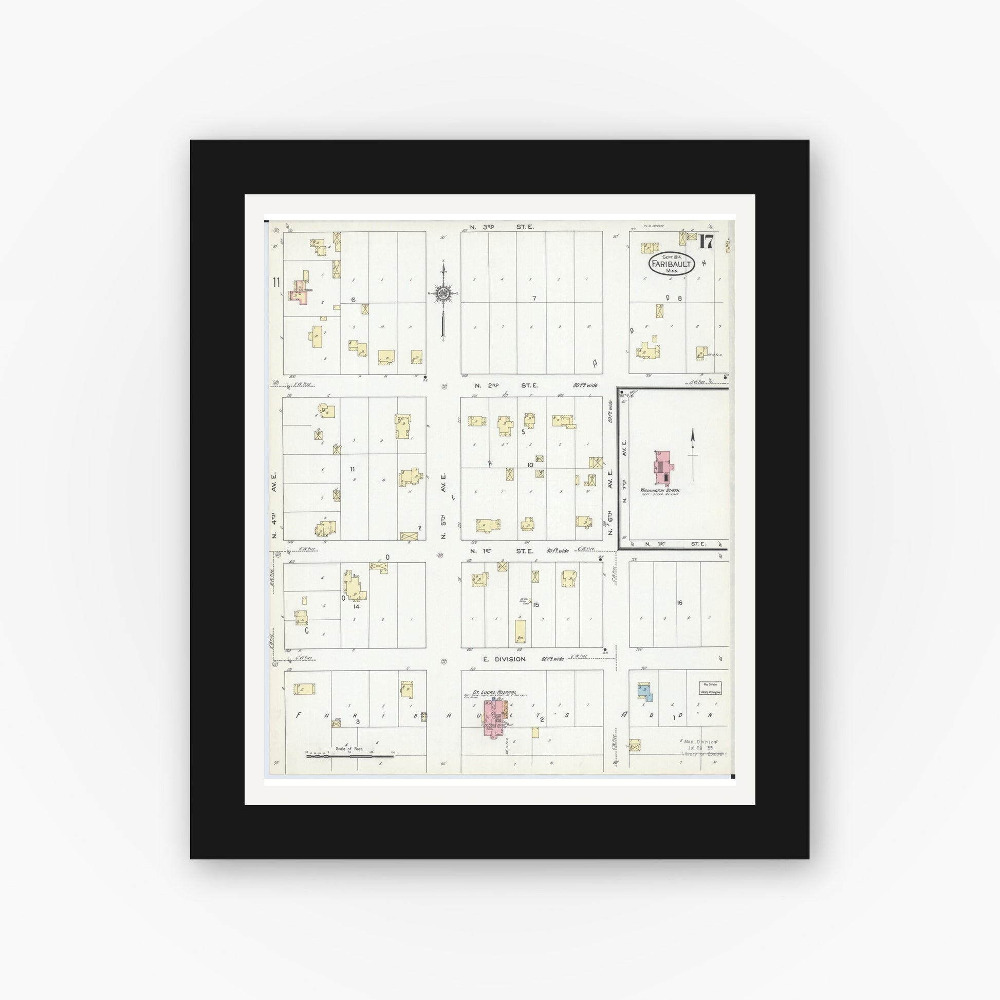 Old map wall art mockup — black gallery frame with white mat — Sanborn Fire Insurance Map from Faribault, Rice County, Minnesota (1914), Sheet #0017