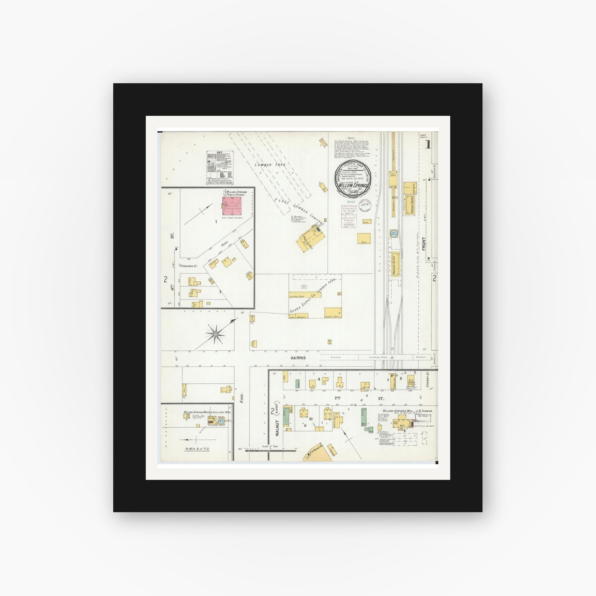 Old map wall art mockup — black gallery frame with white mat — Sanborn Fire Insurance Map from Willow Springs, Howell County, Missouri (1900) - Complete Map Set