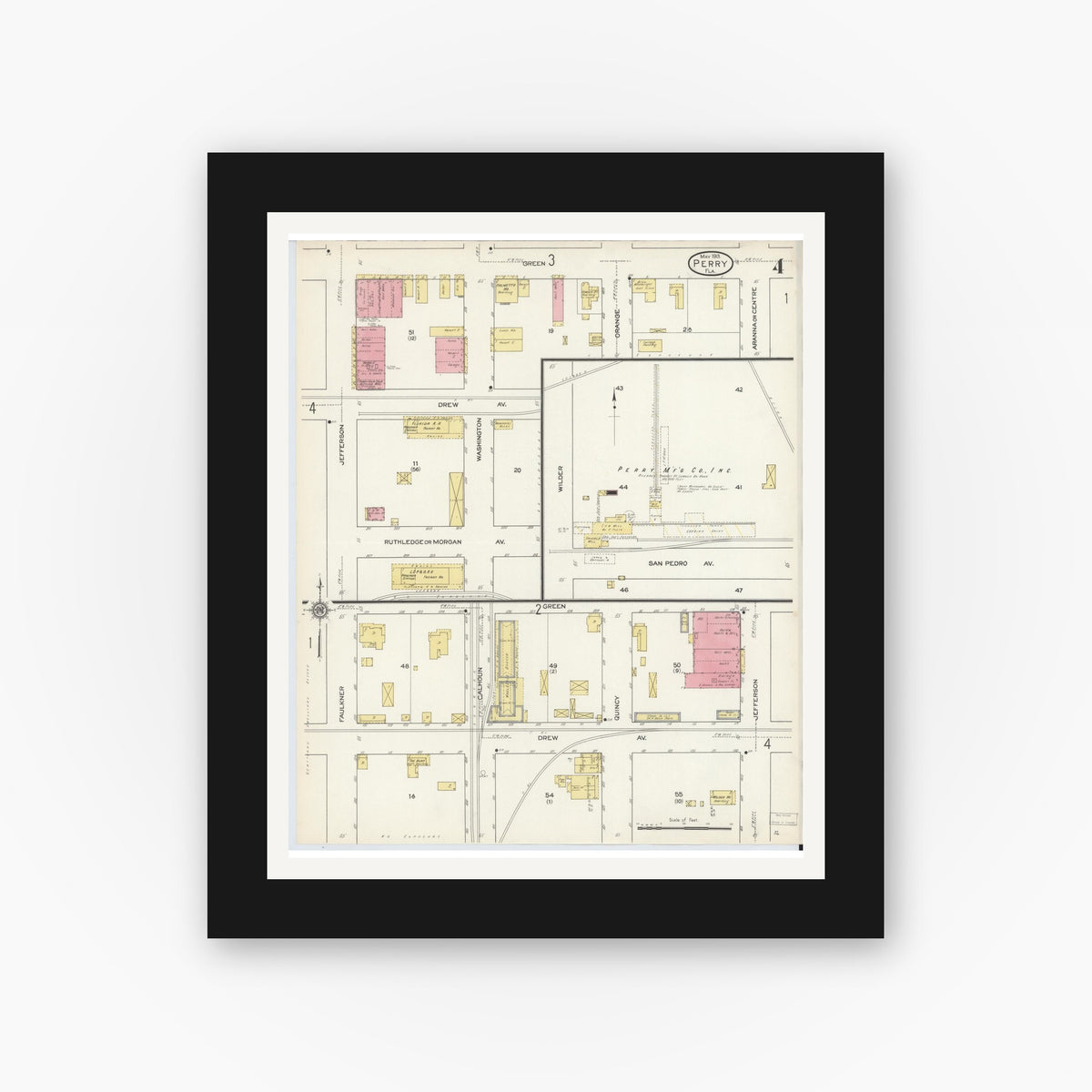 Old map wall art mockup — black gallery frame with white mat — Sanborn Fire Insurance Map from Perry, Taylor County, Florida (1913), Sheet #0004