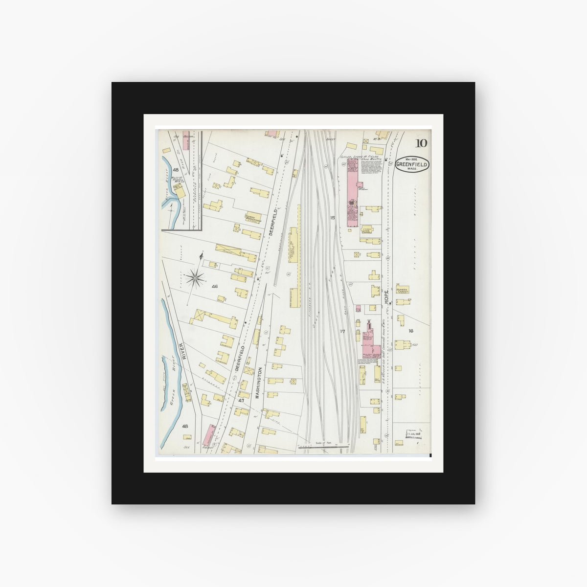 Old map wall art mockup — black gallery frame with white mat — Sanborn Fire Insurance Map from Greenfield, Franklin County, Massachusetts (1892), Sheet #0010