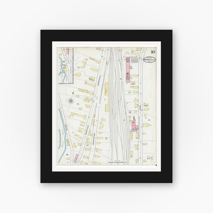 Old map wall art mockup — black gallery frame with white mat — Sanborn Fire Insurance Map from Greenfield, Franklin County, Massachusetts (1892), Sheet #0010