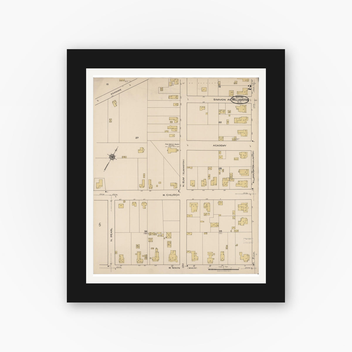 Old map wall art mockup — black gallery frame with white mat — Sanborn Fire Insurance Map from Williamston, Martin County, North Carolina (1921), Sheet #0002