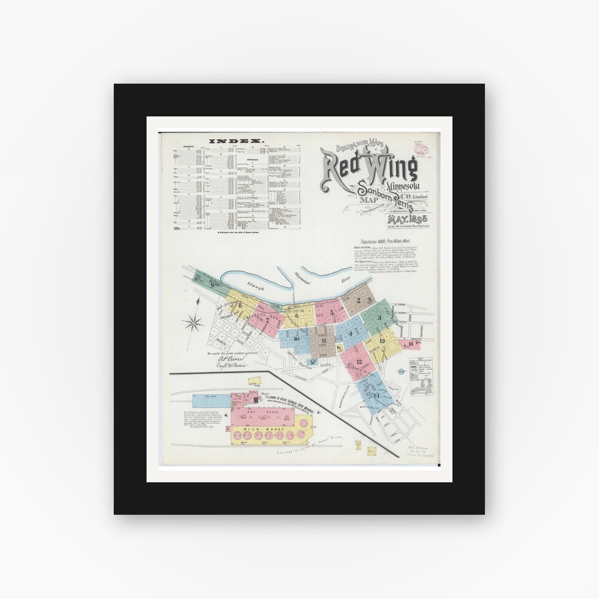Old map wall art mockup — black gallery frame with white mat — Sanborn Fire Insurance Map from Red Wing, Goodhue County, Minnesota (1895), Sheet #0001
