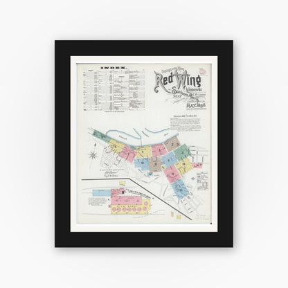 Old map wall art mockup — black gallery frame with white mat — Sanborn Fire Insurance Map from Red Wing, Goodhue County, Minnesota (1895), Sheet #0001