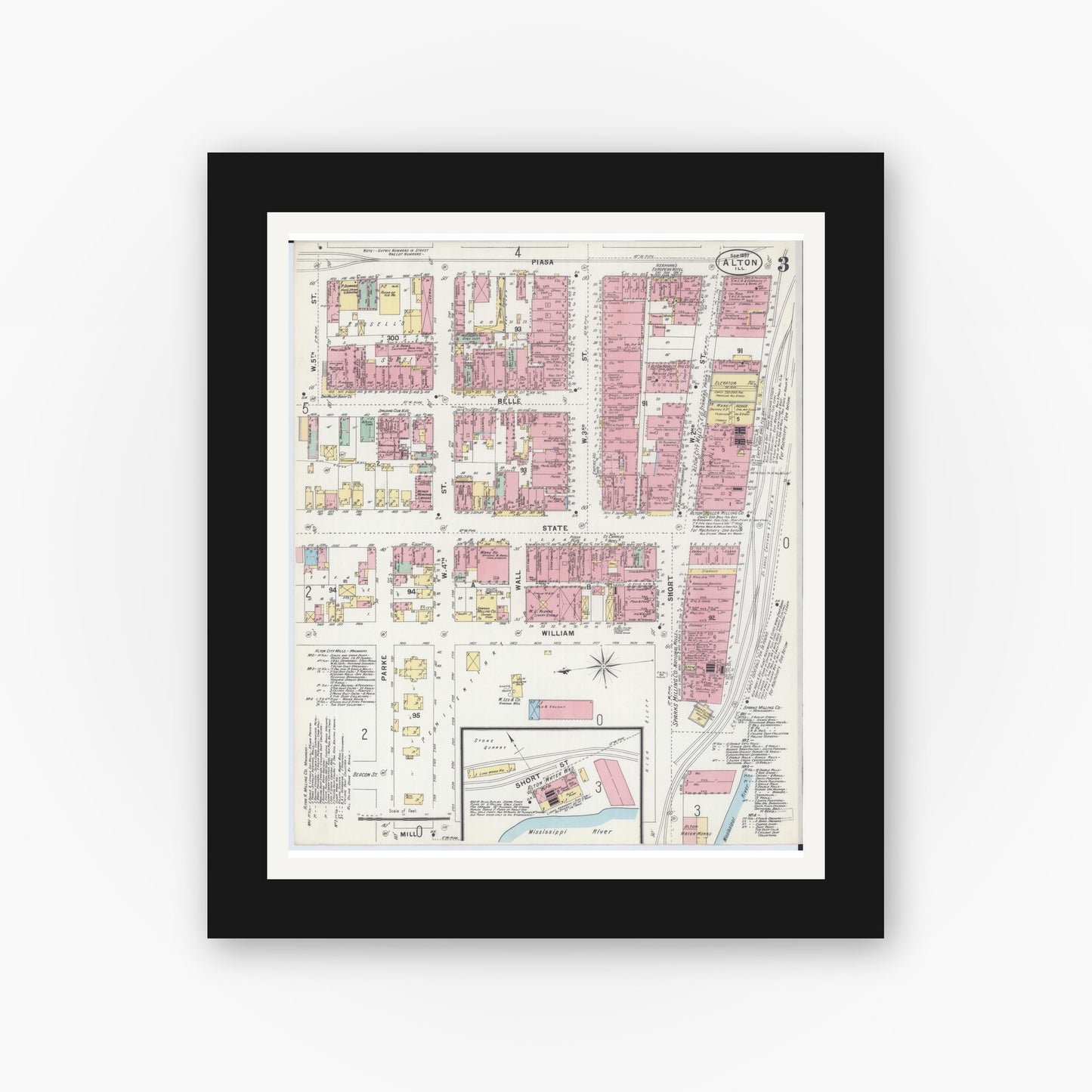 Old map wall art mockup — black gallery frame with white mat — Sanborn Fire Insurance Map from Alton, Madison County, Illinois (1897), Sheet #0003