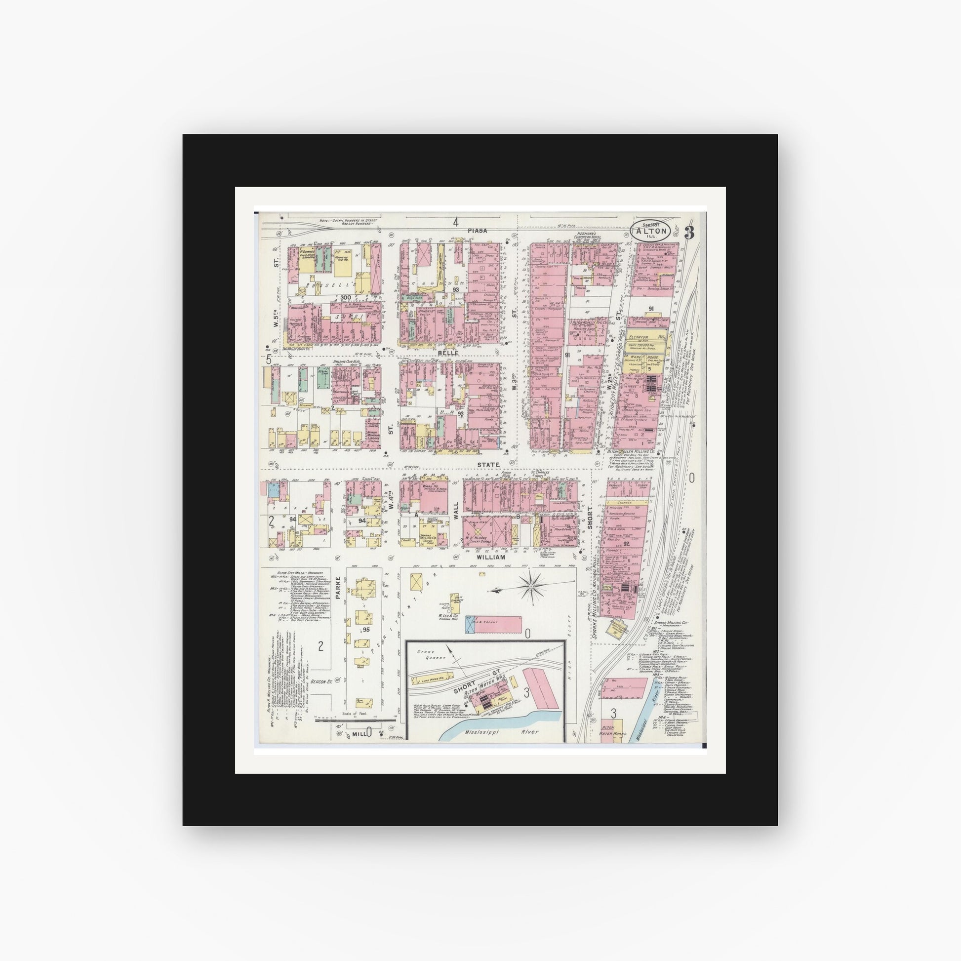 Old map wall art mockup — black gallery frame with white mat — Sanborn Fire Insurance Map from Alton, Madison County, Illinois (1897), Sheet #0003