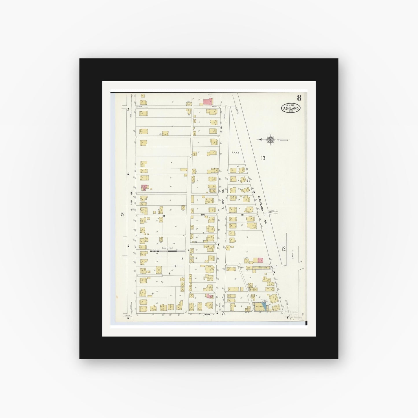Old map wall art mockup — black gallery frame with white mat — Sanborn Fire Insurance Map from Ashland, Ashland County, Ohio (1911), Sheet #0008