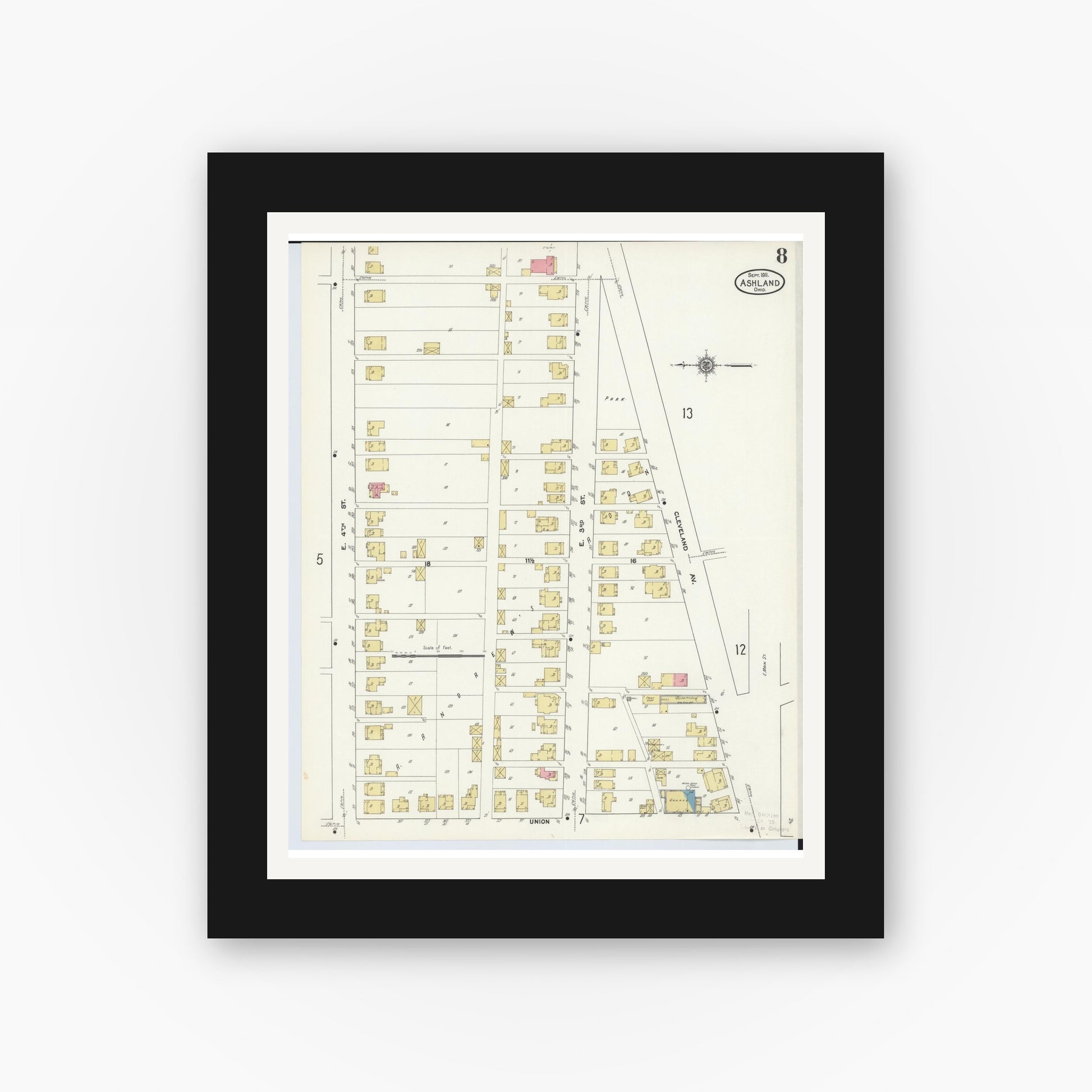 Old map wall art mockup — black gallery frame with white mat — Sanborn Fire Insurance Map from Ashland, Ashland County, Ohio (1911), Sheet #0008
