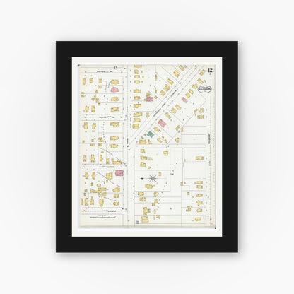 Old map wall art mockup — black gallery frame with white mat — Sanborn Fire Insurance Map from Galesburg, Knox County, Illinois (1906), Sheet #0012