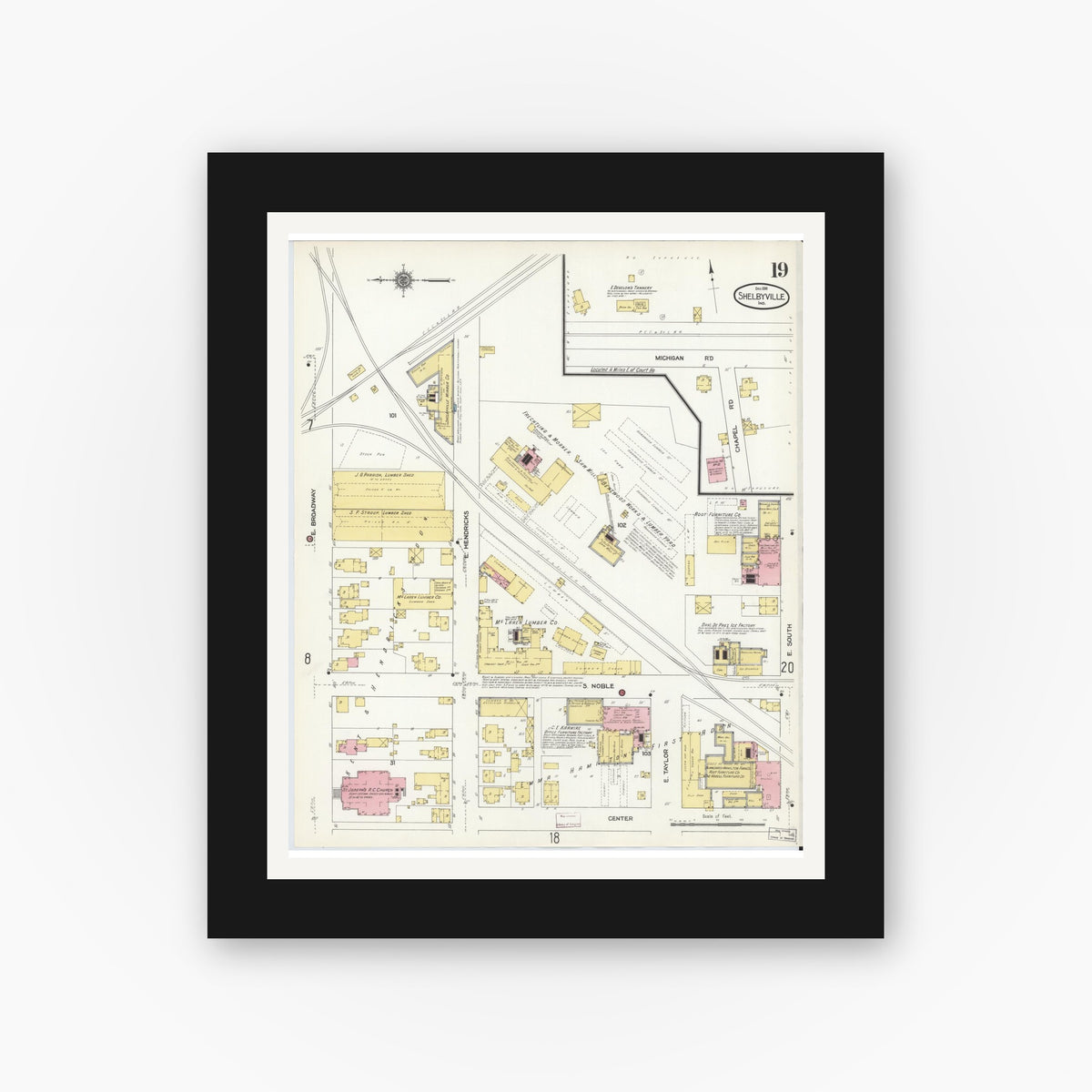 Old map wall art mockup — black gallery frame with white mat — Sanborn Fire Insurance Map from Shelbyville, Shelby County, Indiana (1910), Sheet #0019