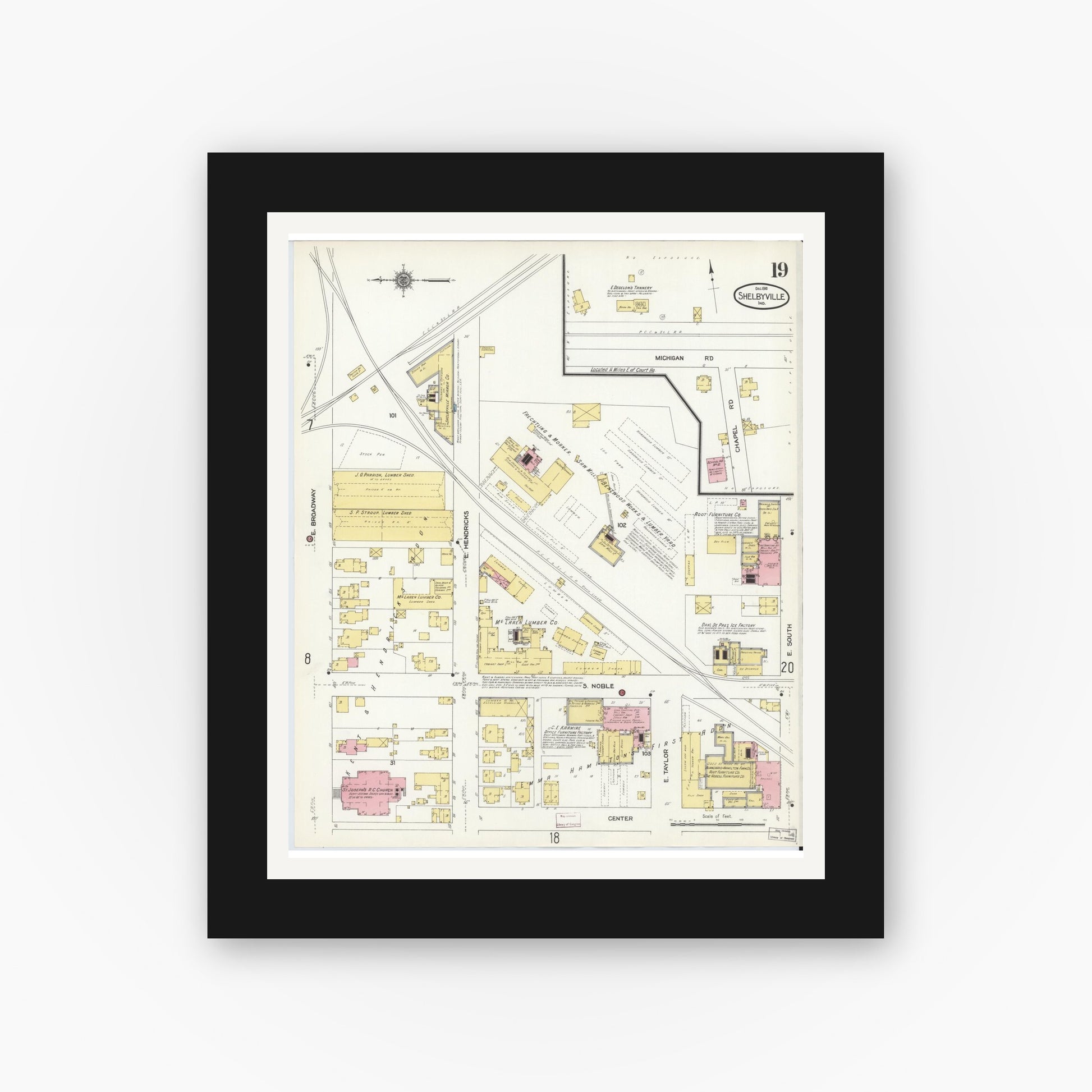 Old map wall art mockup — black gallery frame with white mat — Sanborn Fire Insurance Map from Shelbyville, Shelby County, Indiana (1910), Sheet #0019