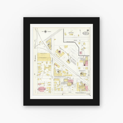 Old map wall art mockup — black gallery frame with white mat — Sanborn Fire Insurance Map from Shelbyville, Shelby County, Indiana (1910), Sheet #0019