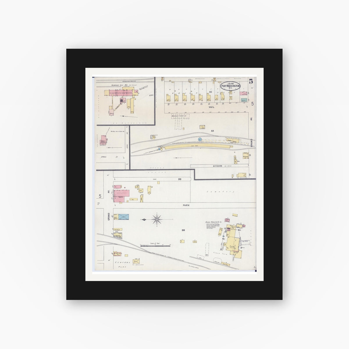 Old map wall art mockup — black gallery frame with white mat — Sanborn Fire Insurance Map from Port Washington, Ozaukee County, Wisconsin (1898), Sheet #0005