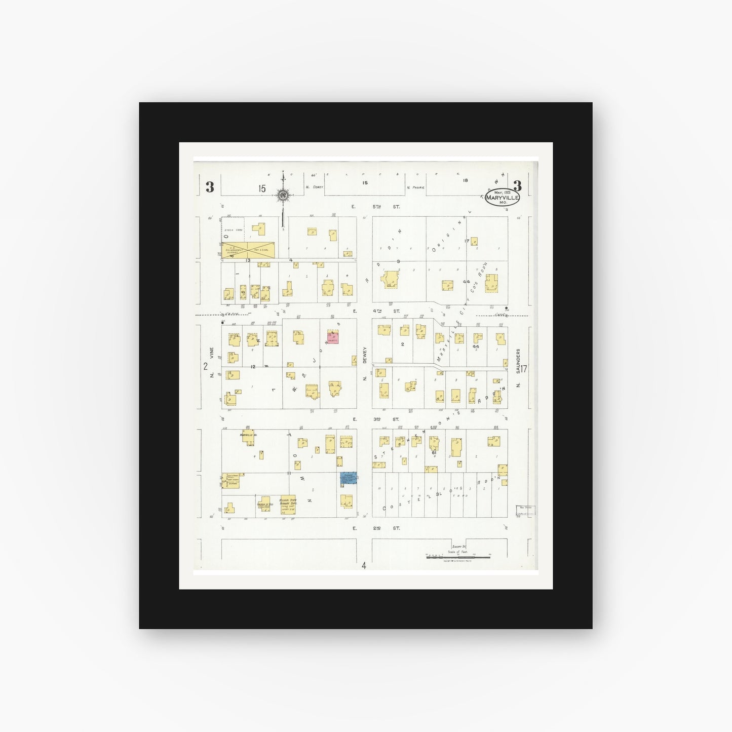 Old map wall art mockup — black gallery frame with white mat — Sanborn Fire Insurance Map from Maryville, Nodaway County, Missouri (1925), Sheet #0003