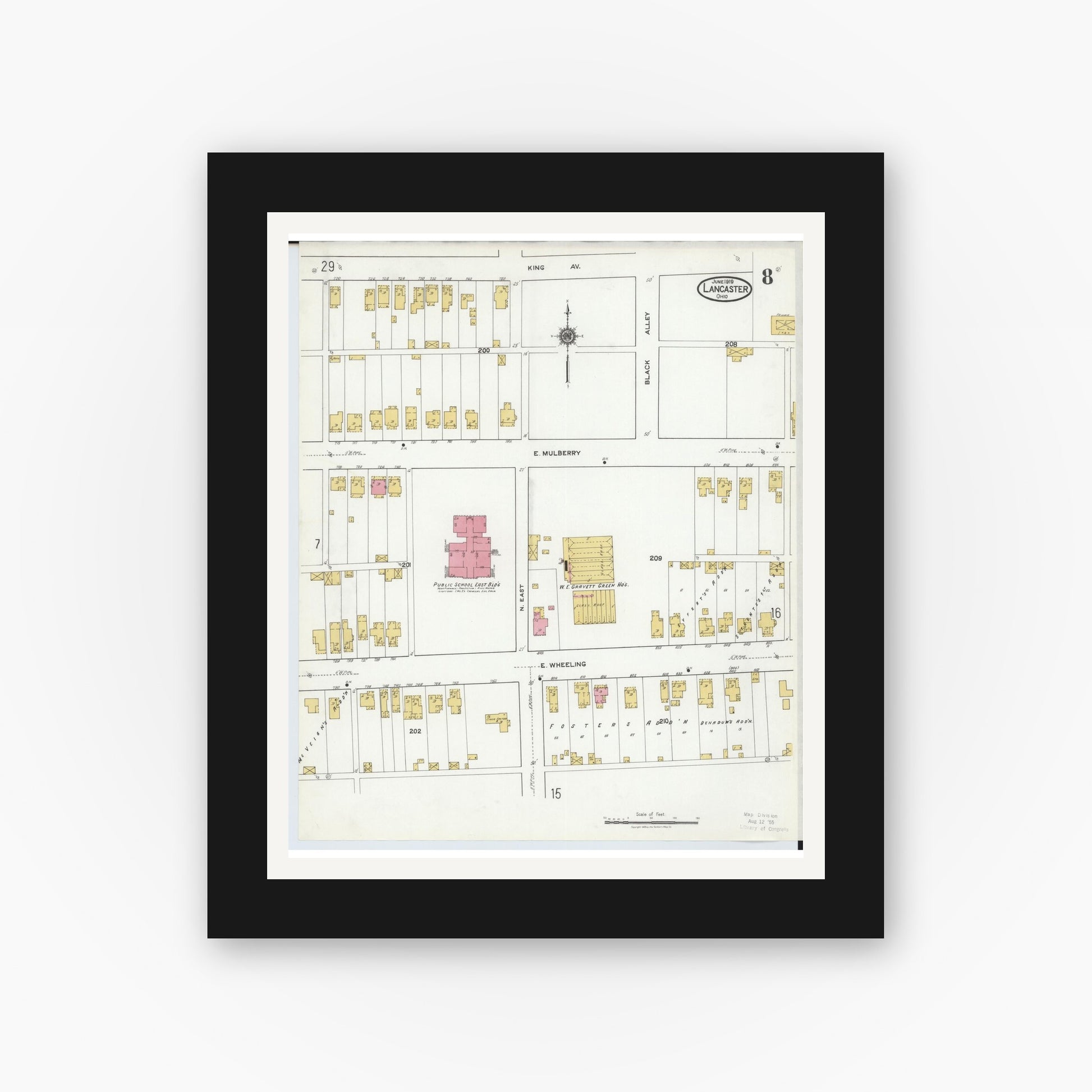 Old map wall art mockup — black gallery frame with white mat — Sanborn Fire Insurance Map from Lancaster, Fairfield County, Ohio (1919), Sheet #0008