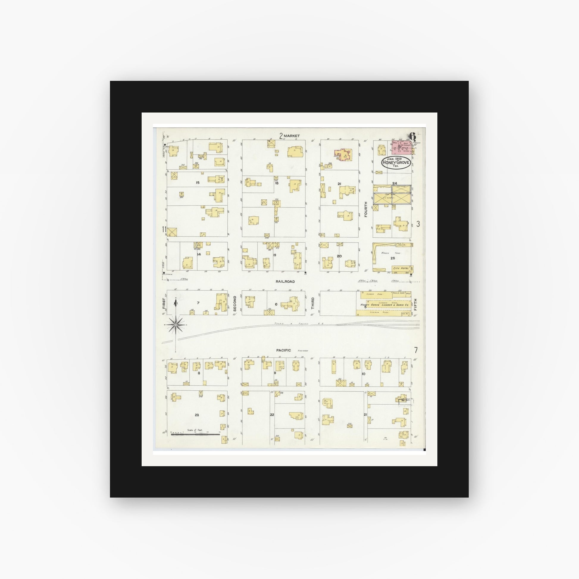 Old map wall art mockup — black gallery frame with white mat — Sanborn Fire Insurance Map from Honey Grove, Fannin County, Texas (1909), Sheet #0006