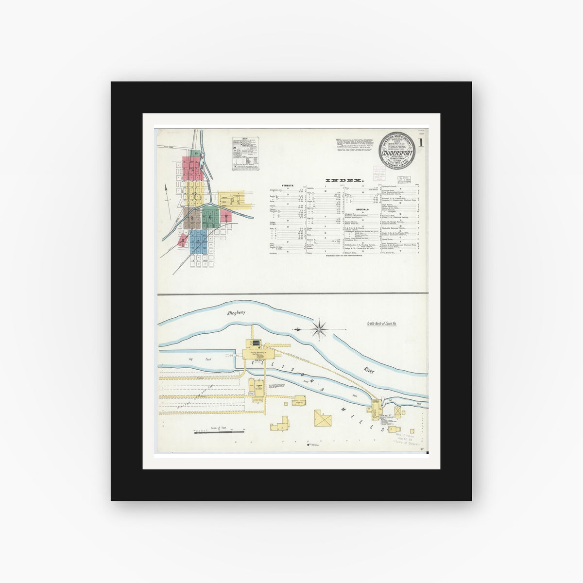 Old map wall art mockup — black gallery frame with white mat — Sanborn Fire Insurance Map from Coudersport, Potter County, Pennsylvania (1903) - Complete Map Set