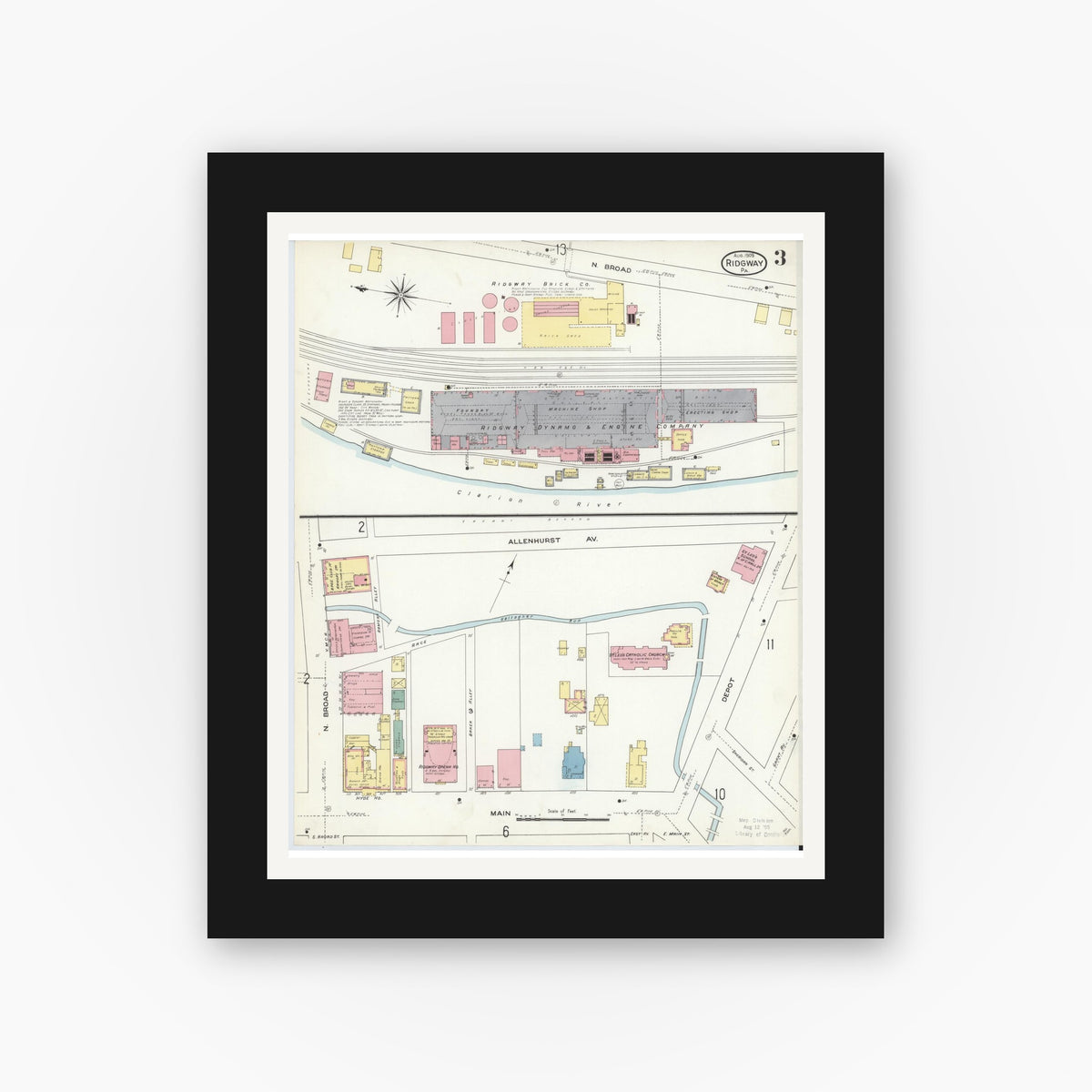 Old map wall art mockup — black gallery frame with white mat — Sanborn Fire Insurance Map from Ridgway, Elk County, Pennsylvania (1909), Sheet #0003