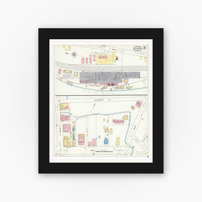 Old map wall art mockup — black gallery frame with white mat — Sanborn Fire Insurance Map from Ridgway, Elk County, Pennsylvania (1909), Sheet #0003