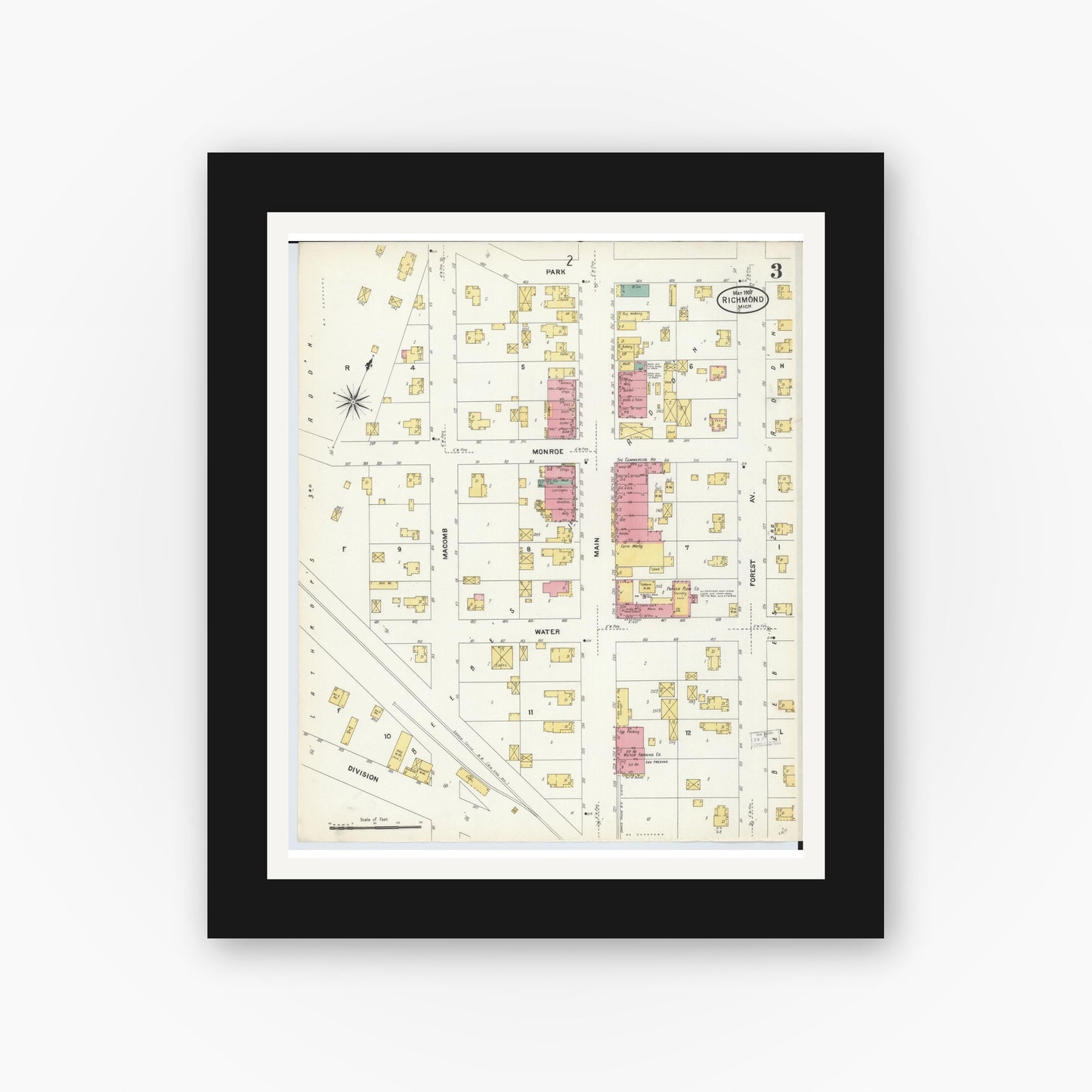Old map wall art mockup — black gallery frame with white mat — Sanborn Fire Insurance Map from Richmond, Macomb County, Michigan (1907), Sheet #0003