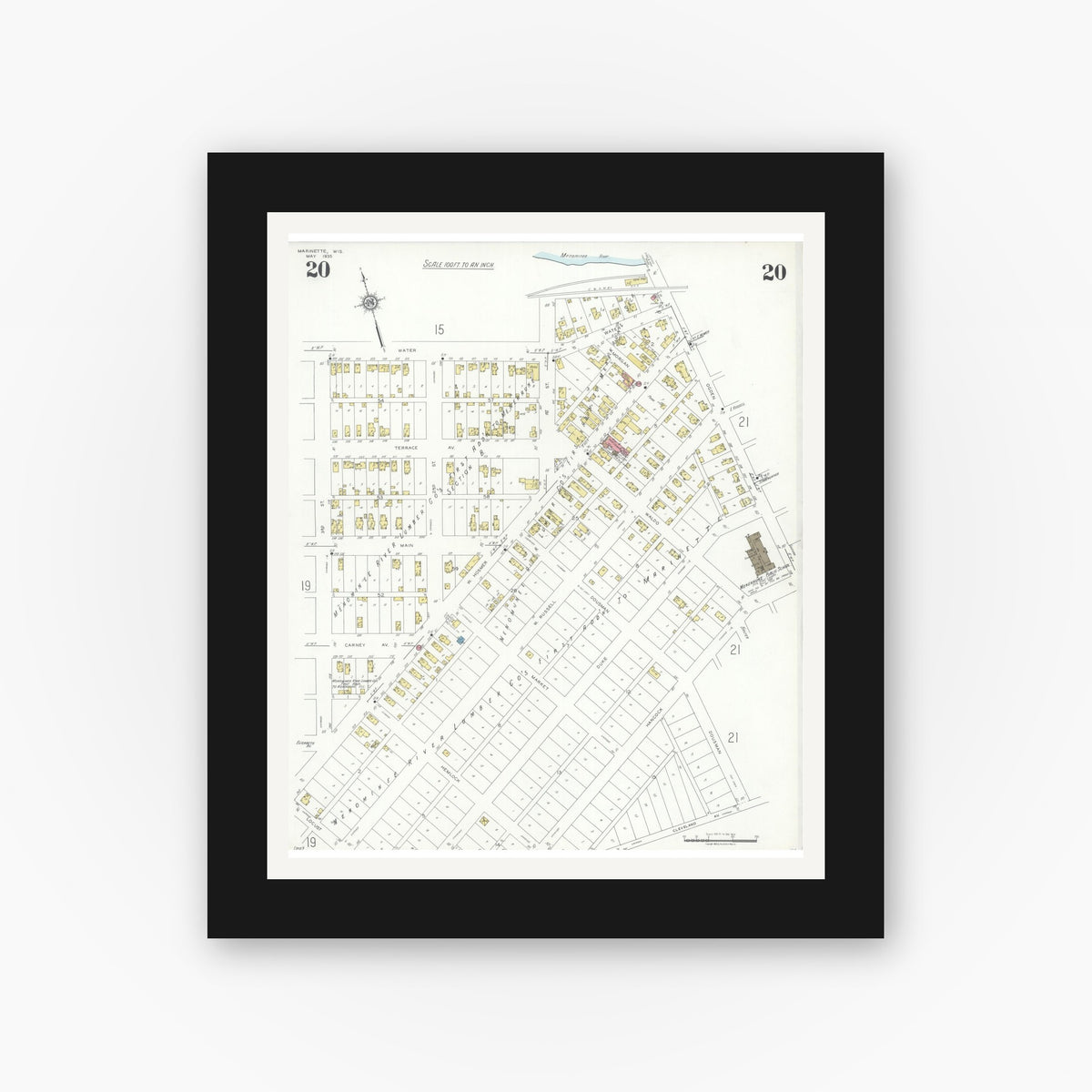 Old map wall art mockup — black gallery frame with white mat — Sanborn Fire Insurance Map from Marinette, Marinette County, Wisconsin (1935), Sheet #0020