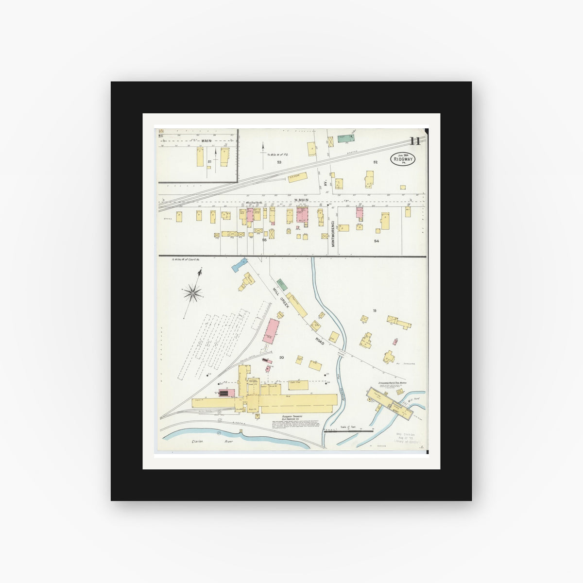 Old map wall art mockup — black gallery frame with white mat — Sanborn Fire Insurance Map from Ridgway, Elk County, Pennsylvania (1904), Sheet #0011