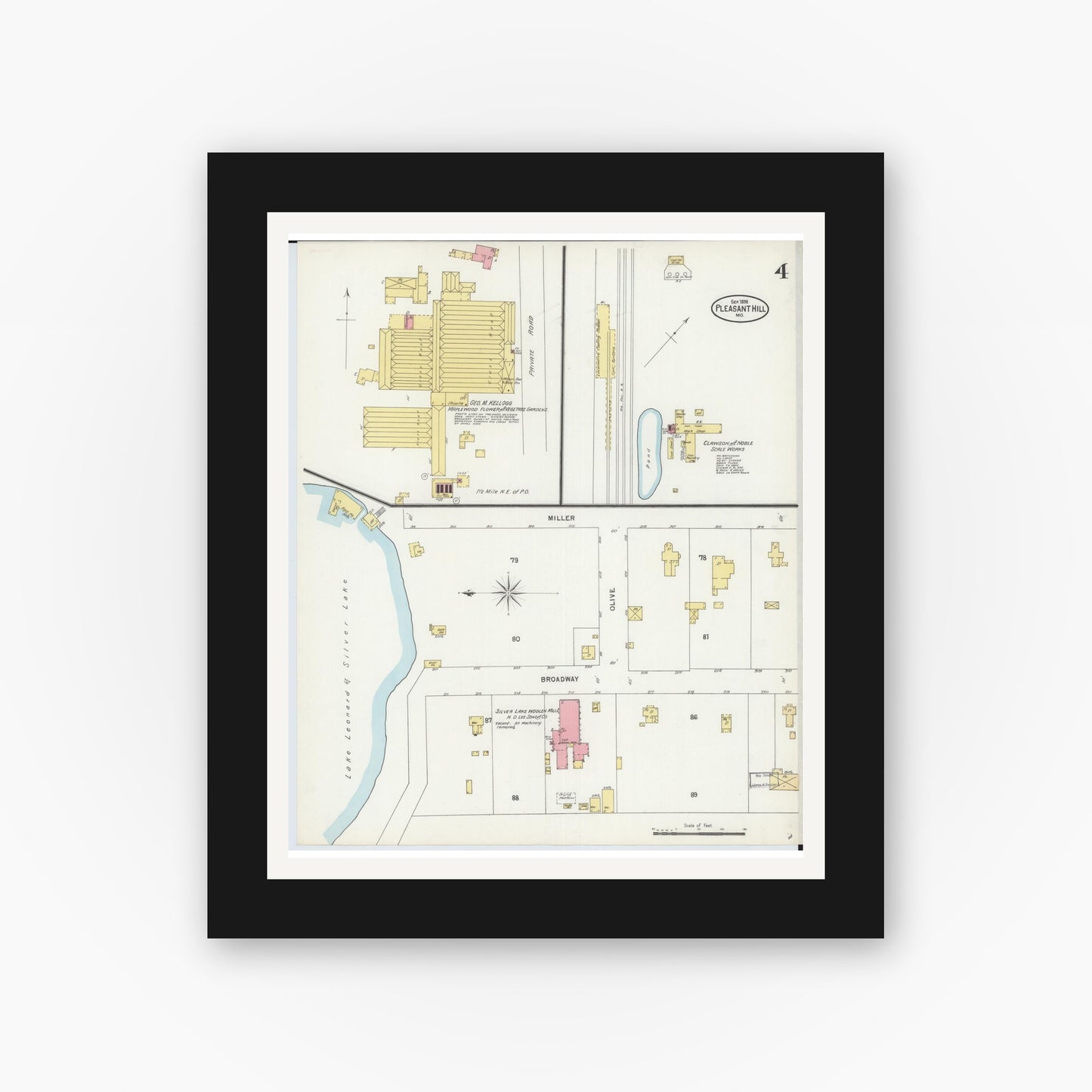Old map wall art mockup — black gallery frame with white mat — Sanborn Fire Insurance Map from Pleasant Hill, Cass County, Missouri (1898), Sheet #0004